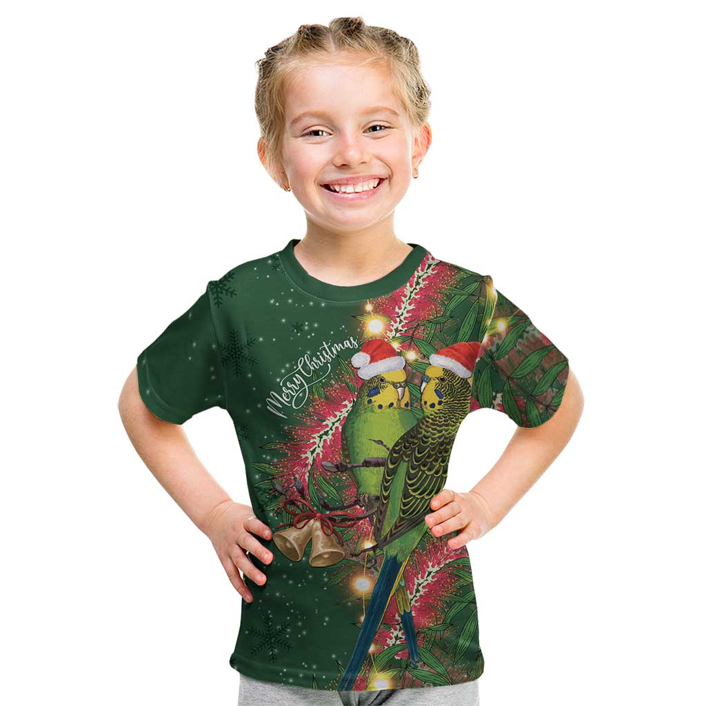Green Budgerigars on Callistemon Kid T Shirt Merry Christmas Aussie - Aussie Hoodie