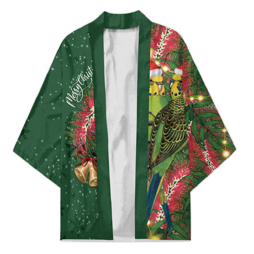 Green Budgerigars on Callistemon Kimono Merry Christmas Aussie - Aussie Hoodie