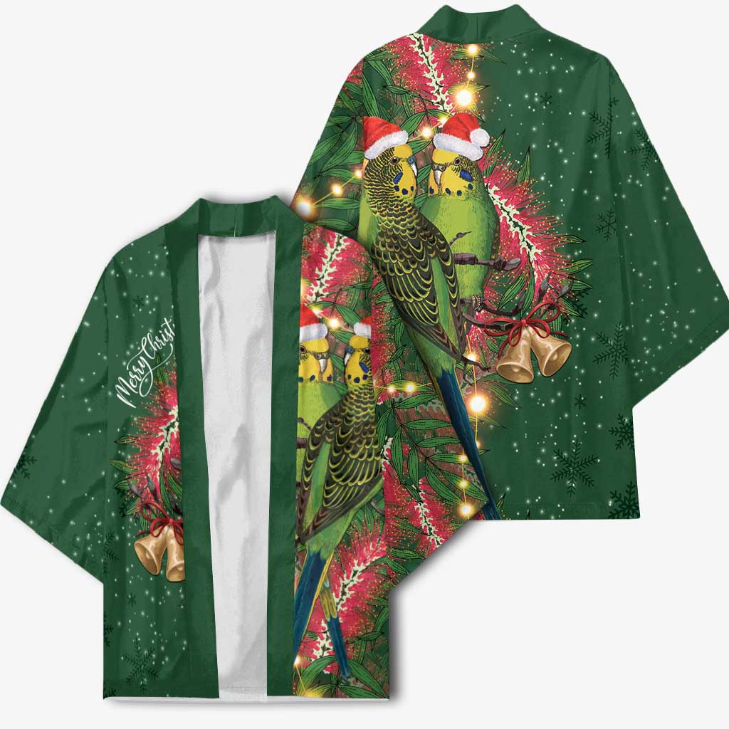 Green Budgerigars on Callistemon Kimono Merry Christmas Aussie - Aussie Hoodie