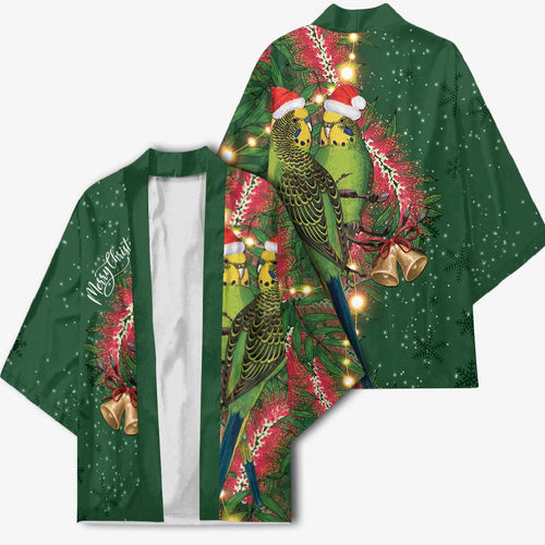 Green Budgerigars on Callistemon Kimono Merry Christmas Aussie - Aussie Hoodie