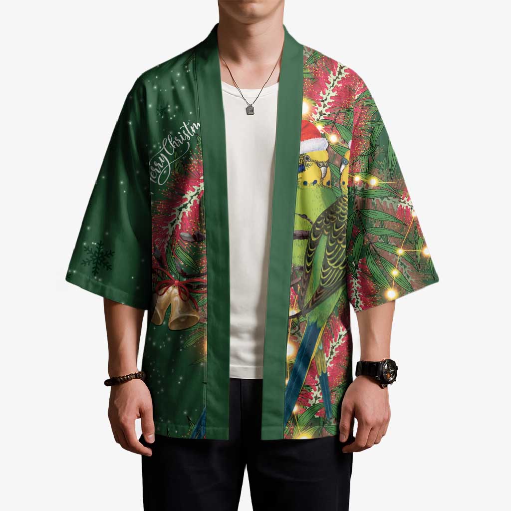 Green Budgerigars on Callistemon Kimono Merry Christmas Aussie - Aussie Hoodie
