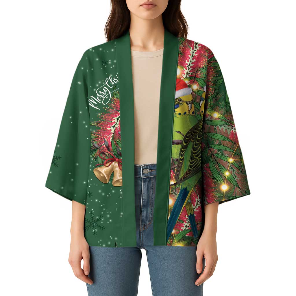 Green Budgerigars on Callistemon Kimono Merry Christmas Aussie - Aussie Hoodie