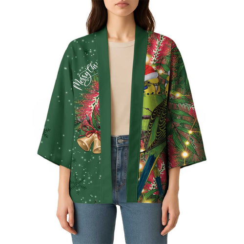 Green Budgerigars on Callistemon Kimono Merry Christmas Aussie - Aussie Hoodie