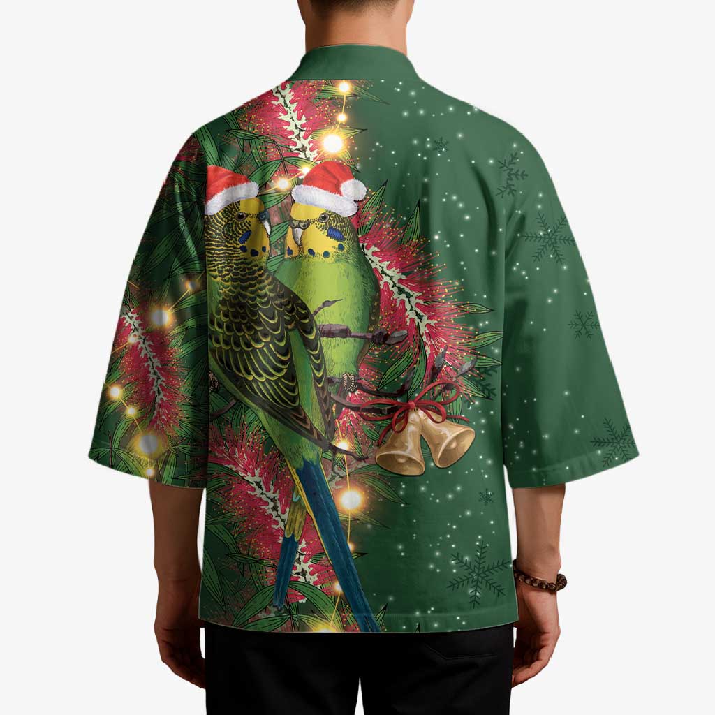 Green Budgerigars on Callistemon Kimono Merry Christmas Aussie - Aussie Hoodie