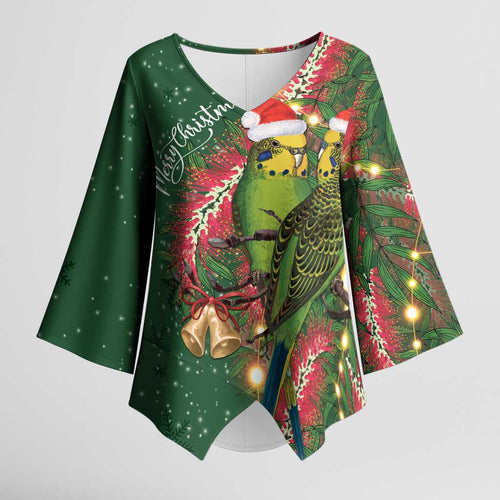 Green Budgerigars on Callistemon Kimono Sleeve Blouse Merry Christmas Aussie - Aussie Hoodie