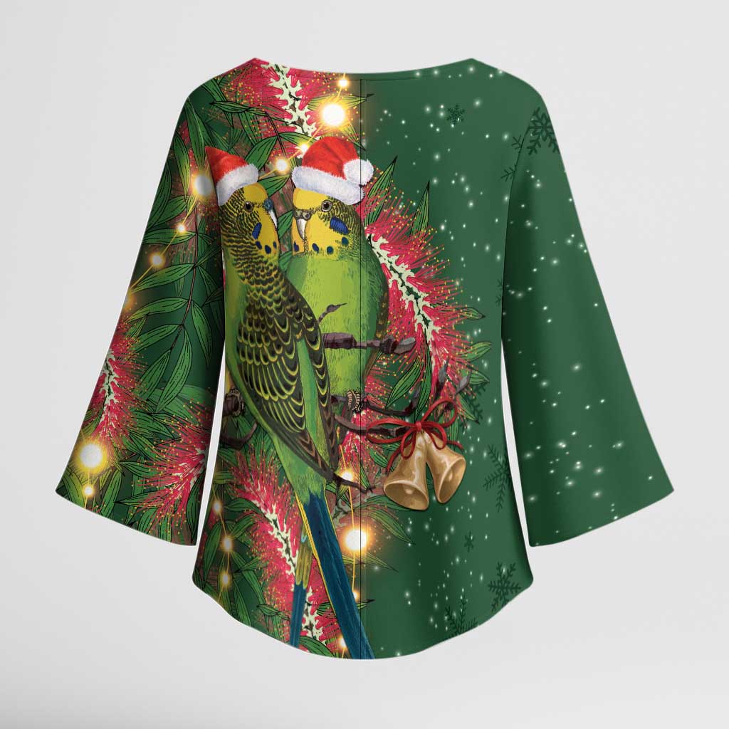 Green Budgerigars on Callistemon Kimono Sleeve Blouse Merry Christmas Aussie - Aussie Hoodie