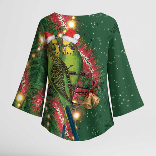 Green Budgerigars on Callistemon Kimono Sleeve Blouse Merry Christmas Aussie - Aussie Hoodie