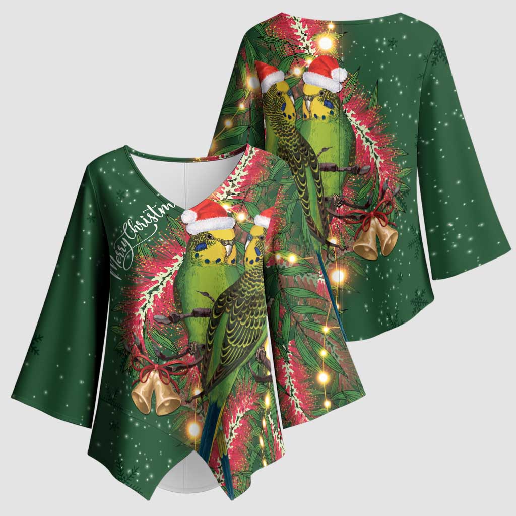 Green Budgerigars on Callistemon Kimono Sleeve Blouse Merry Christmas Aussie - Aussie Hoodie