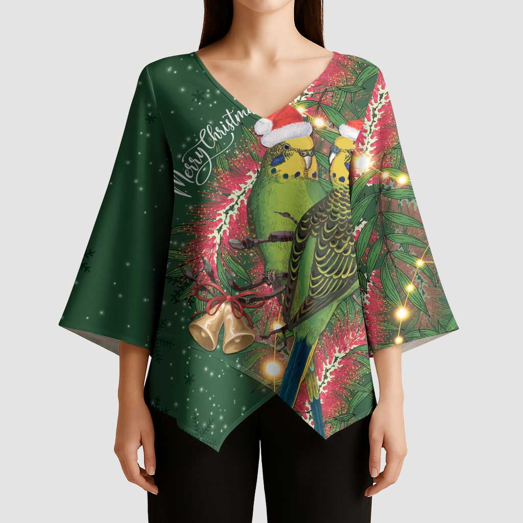 Green Budgerigars on Callistemon Kimono Sleeve Blouse Merry Christmas Aussie - Aussie Hoodie