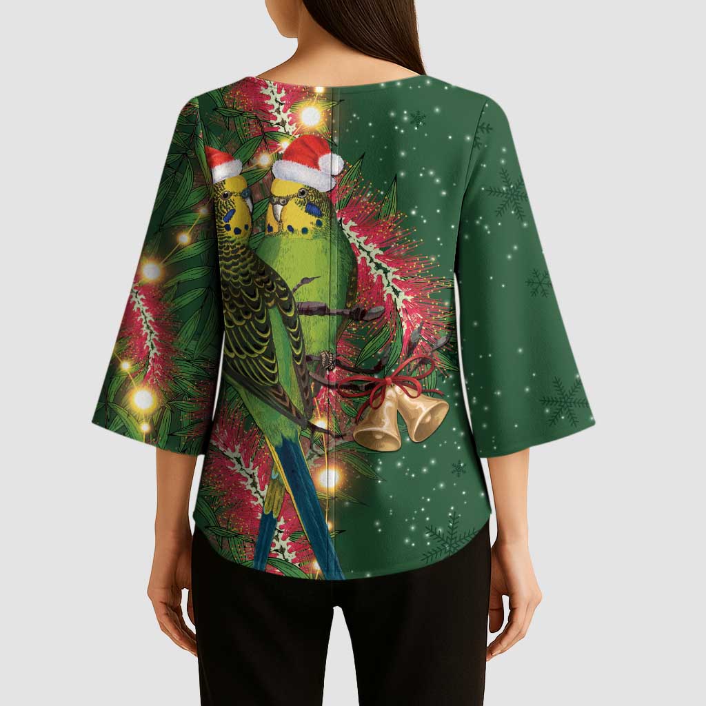 Green Budgerigars on Callistemon Kimono Sleeve Blouse Merry Christmas Aussie - Aussie Hoodie