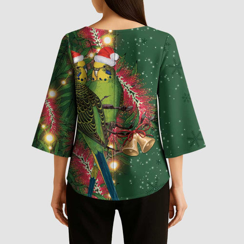 Green Budgerigars on Callistemon Kimono Sleeve Blouse Merry Christmas Aussie - Aussie Hoodie