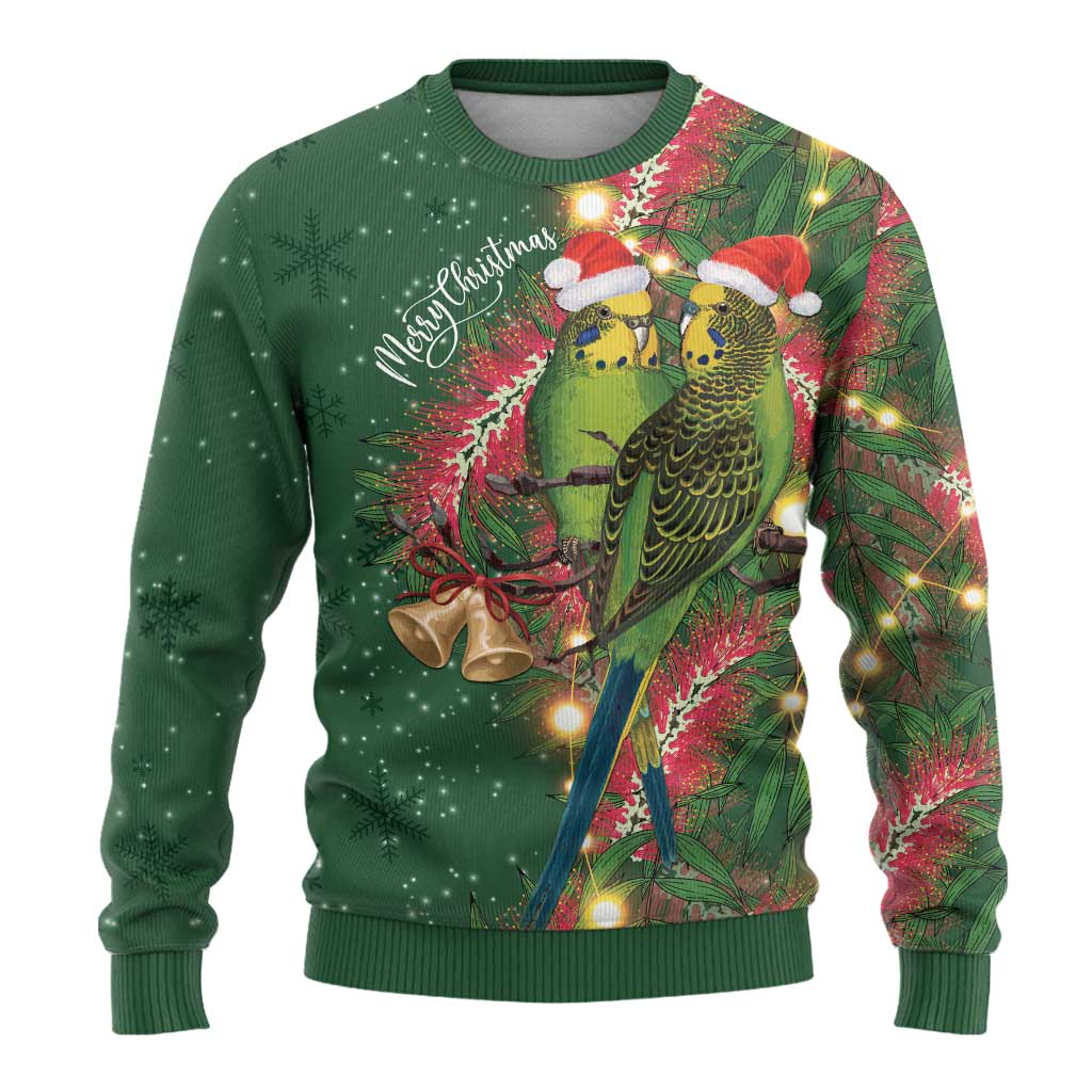 Green Budgerigars on Callistemon Merry Christmas Aussie Ugly Christmas Sweater - Aussie Hoodie