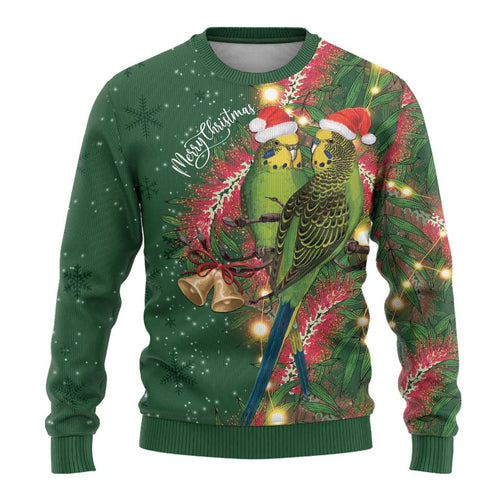 Green Budgerigars on Callistemon Merry Christmas Aussie Ugly Christmas Sweater - Aussie Hoodie