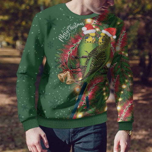 Green Budgerigars on Callistemon Merry Christmas Aussie Ugly Christmas Sweater - Aussie Hoodie