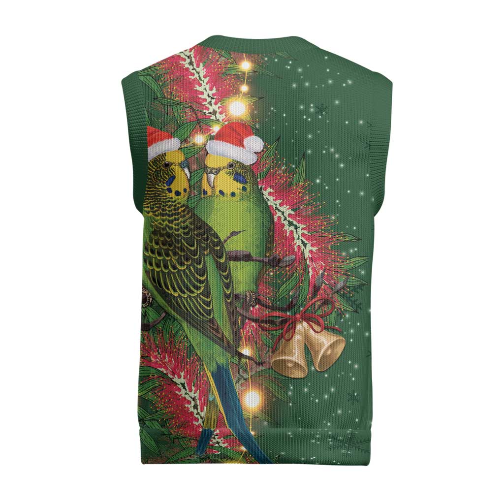 Green Budgerigars on Callistemon Merry Christmas Aussie Christmas Knitted V-Neck Vest - Aussie Hoodie