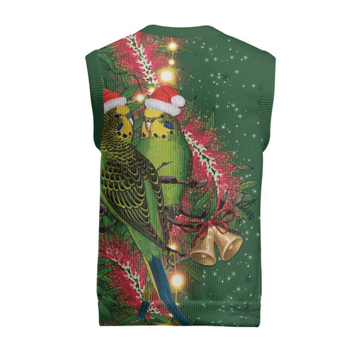 Green Budgerigars on Callistemon Merry Christmas Aussie Christmas Knitted V-Neck Vest - Aussie Hoodie