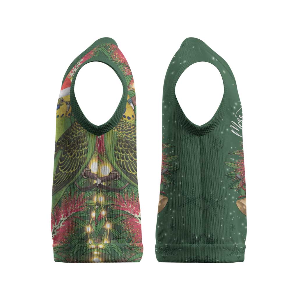 Green Budgerigars on Callistemon Merry Christmas Aussie Christmas Knitted V-Neck Vest - Aussie Hoodie