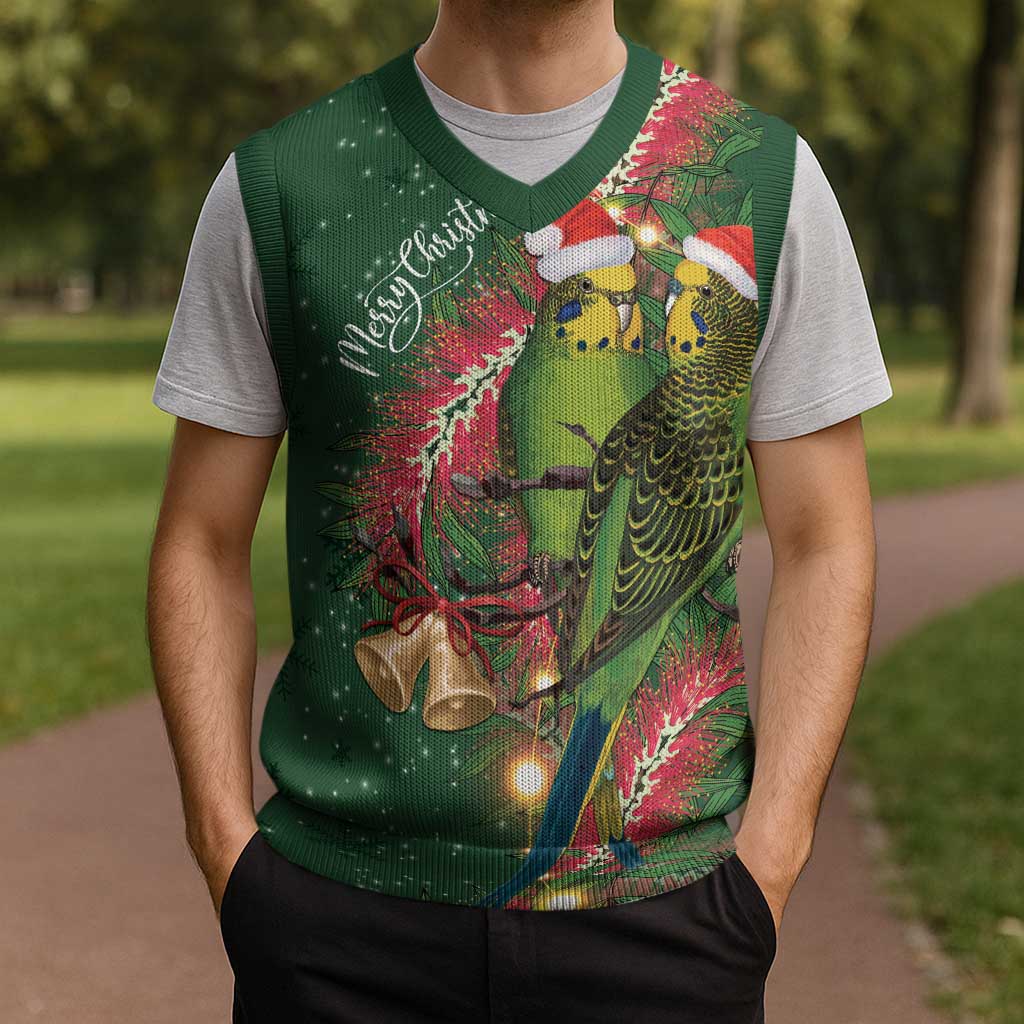 Green Budgerigars on Callistemon Merry Christmas Aussie Christmas Knitted V-Neck Vest - Aussie Hoodie