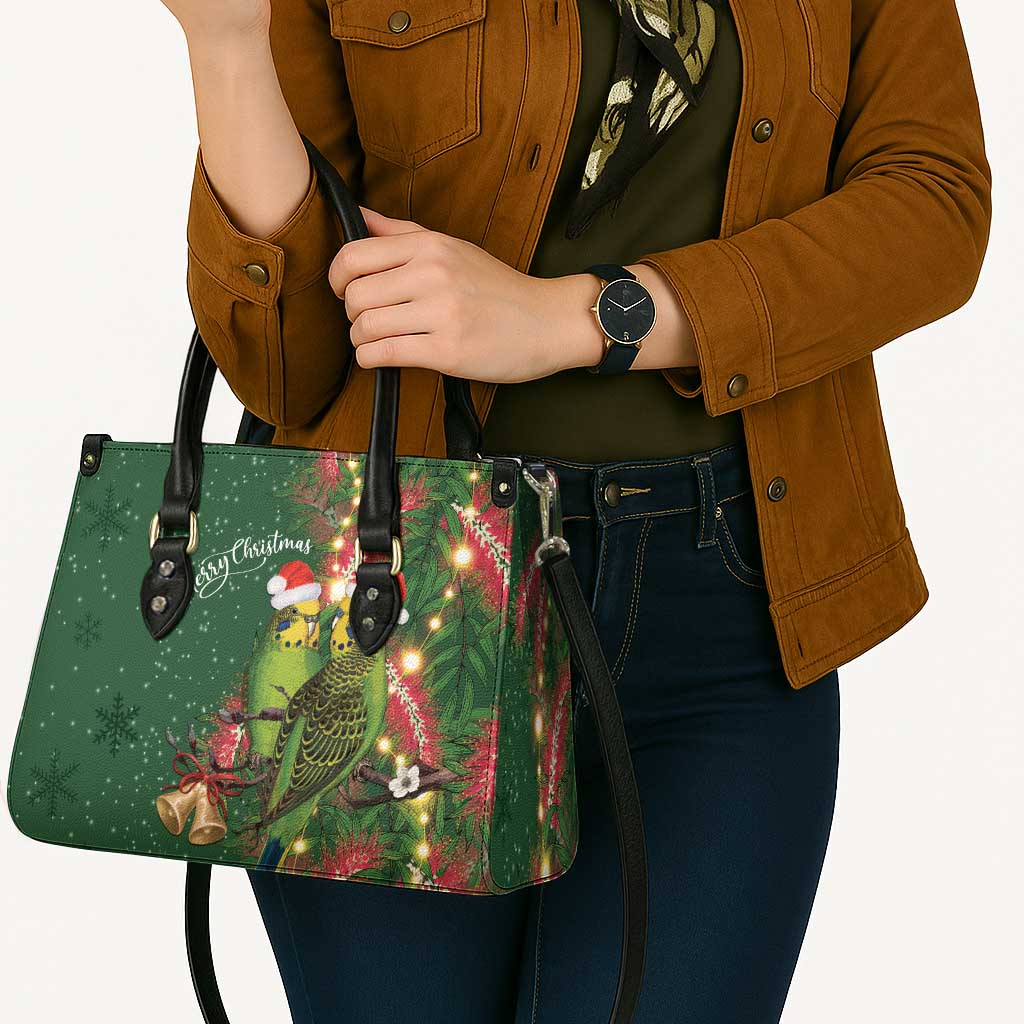 Green Budgerigars on Callistemon Leather Bag Merry Christmas Aussie - Aussie Hoodie