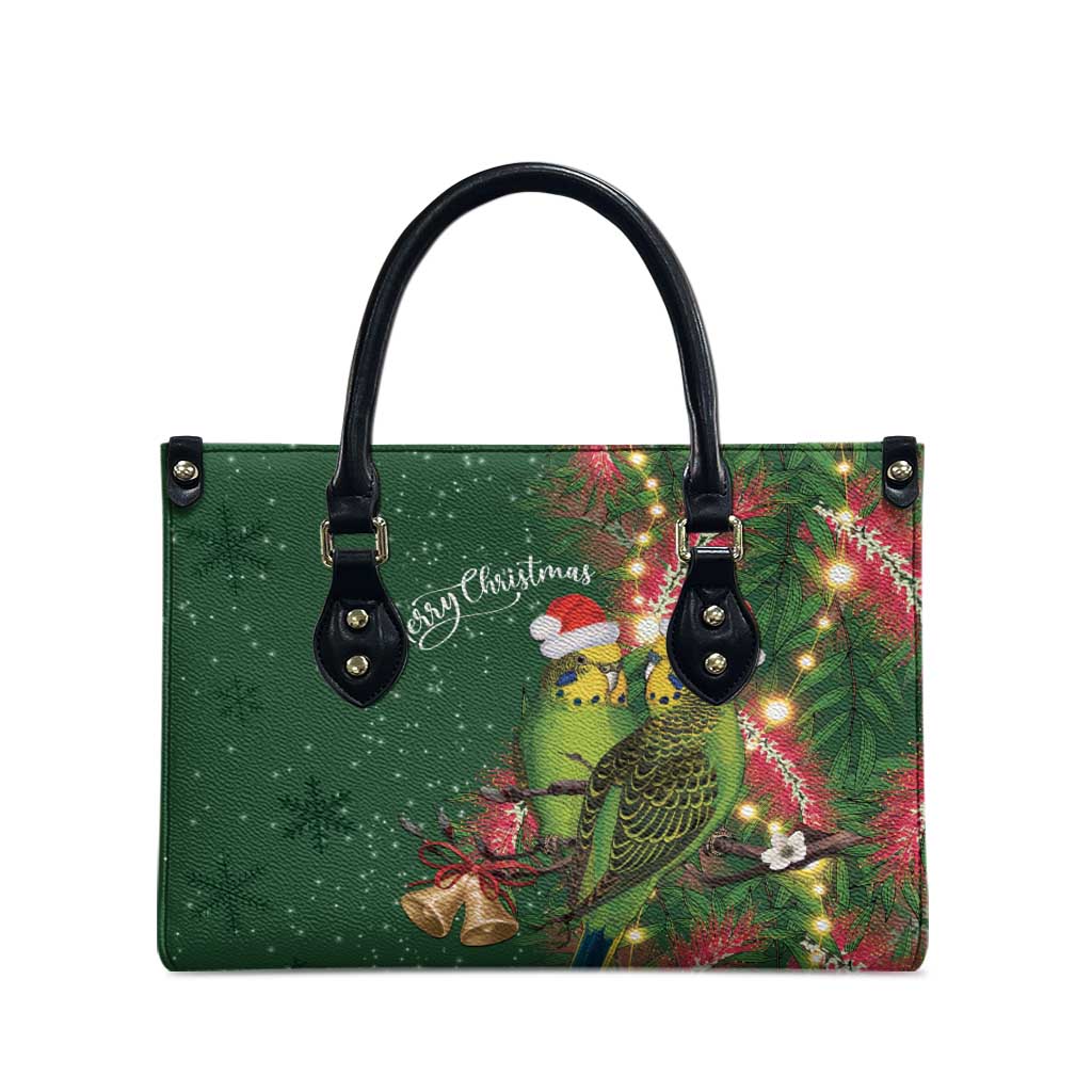Green Budgerigars on Callistemon Leather Bag Merry Christmas Aussie - Aussie Hoodie
