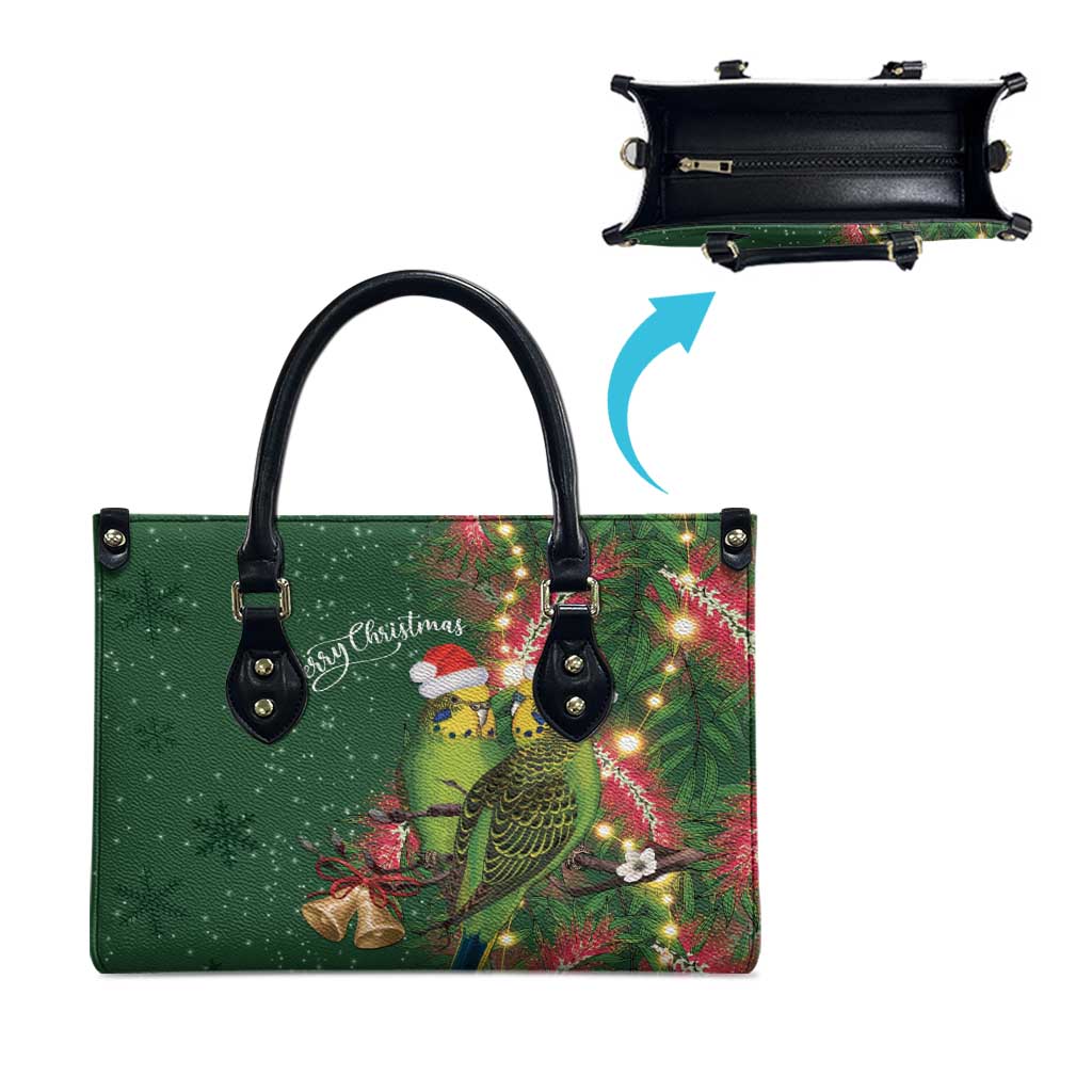 Green Budgerigars on Callistemon Leather Bag Merry Christmas Aussie - Aussie Hoodie