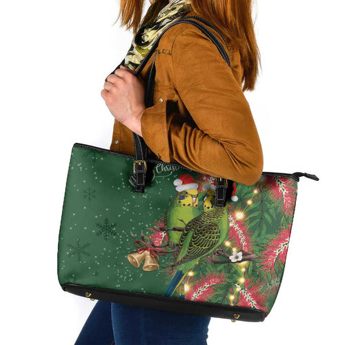 Green Budgerigars on Callistemon Leather Tote Bag Merry Christmas Aussie - Aussie Hoodie