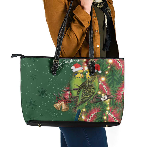 Green Budgerigars on Callistemon Leather Tote Bag Merry Christmas Aussie - Aussie Hoodie