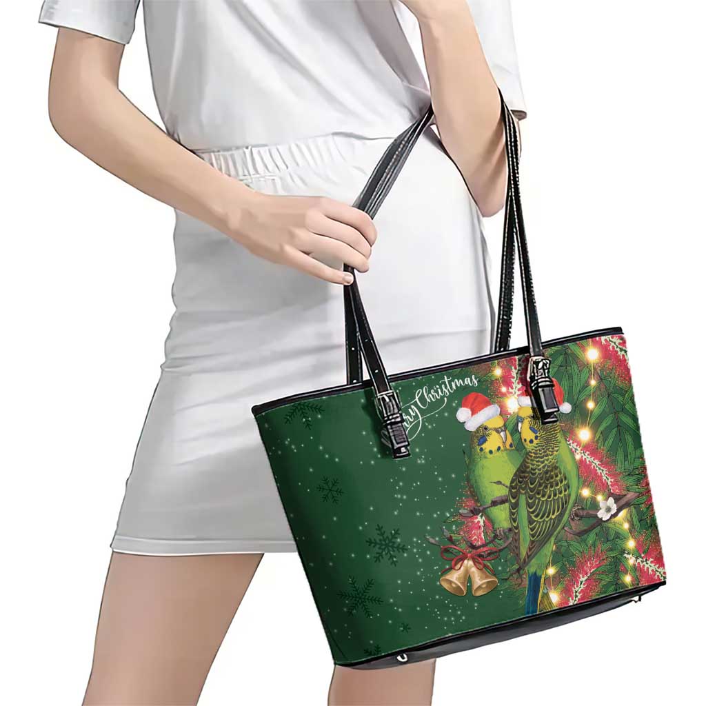 Green Budgerigars on Callistemon Leather Tote Bag Merry Christmas Aussie - Aussie Hoodie