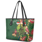 Green Budgerigars on Callistemon Leather Tote Bag Merry Christmas Aussie - Aussie Hoodie