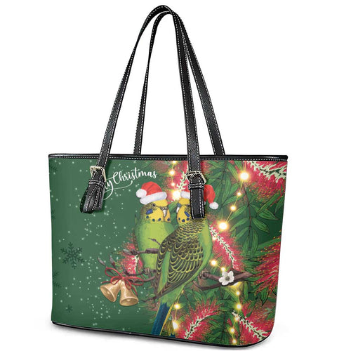 Green Budgerigars on Callistemon Leather Tote Bag Merry Christmas Aussie - Aussie Hoodie