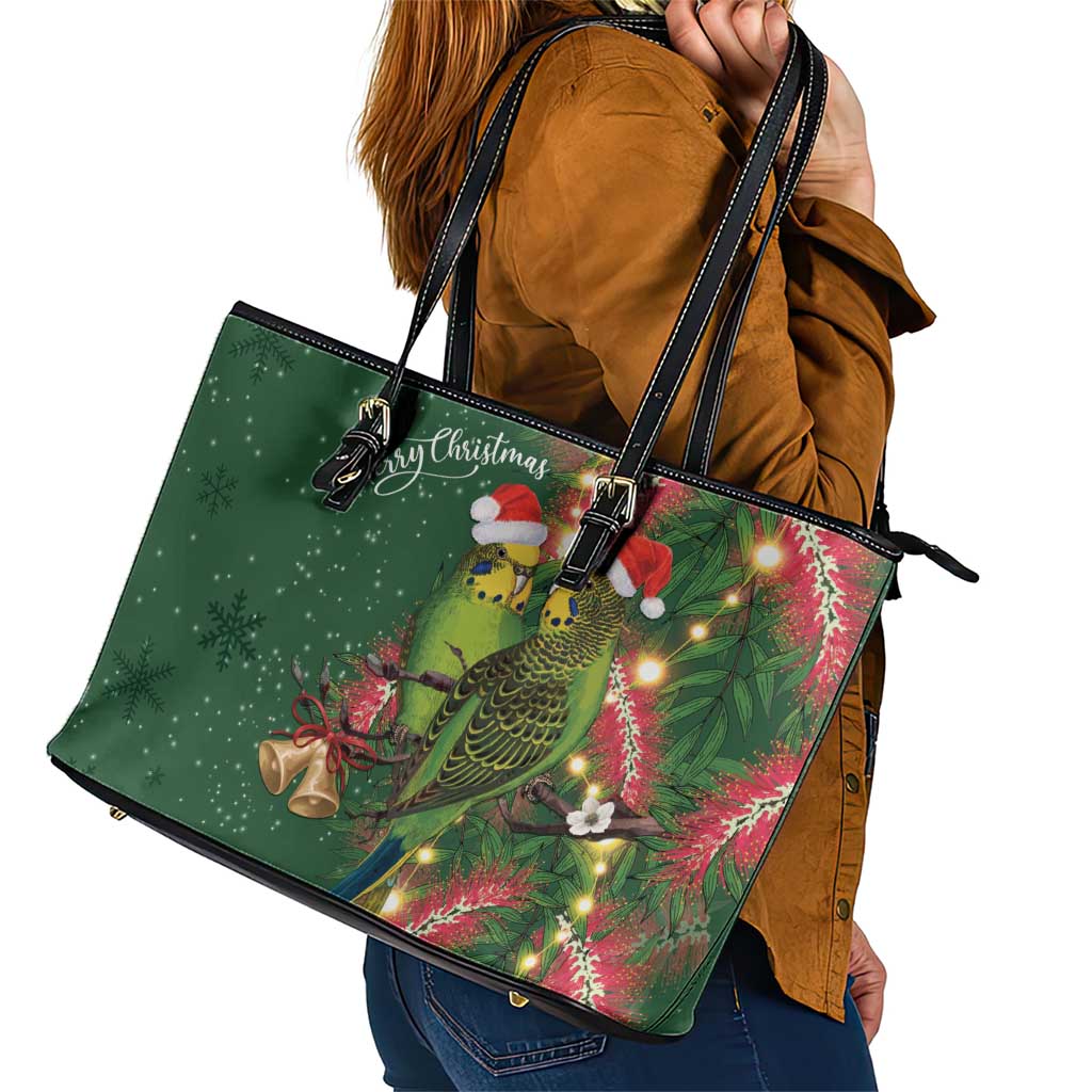 Green Budgerigars on Callistemon Leather Tote Bag Merry Christmas Aussie - Aussie Hoodie