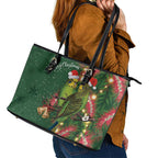 Green Budgerigars on Callistemon Leather Tote Bag Merry Christmas Aussie - Aussie Hoodie