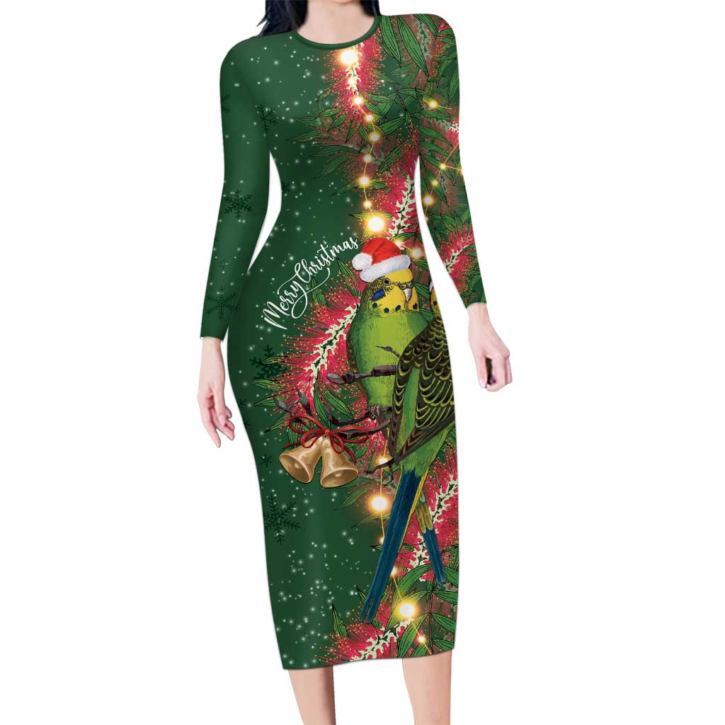 Green Budgerigars on Callistemon Long Sleeve Bodycon Dress Merry Christmas Aussie - Aussie Hoodie