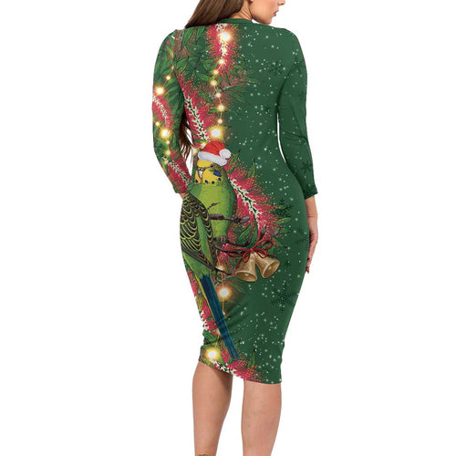Green Budgerigars on Callistemon Long Sleeve Bodycon Dress Merry Christmas Aussie - Aussie Hoodie