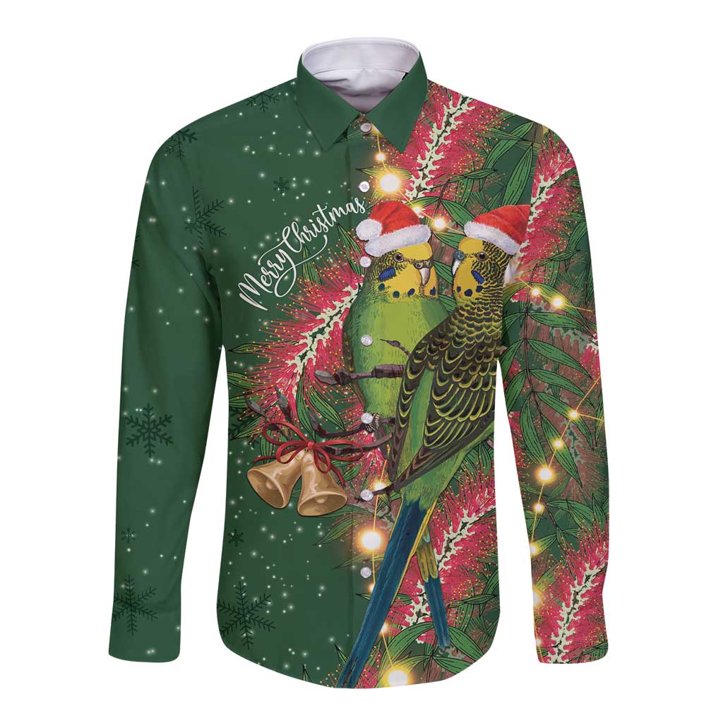 Green Budgerigars on Callistemon Long Sleeve Button Shirt Merry Christmas Aussie - Aussie Hoodie