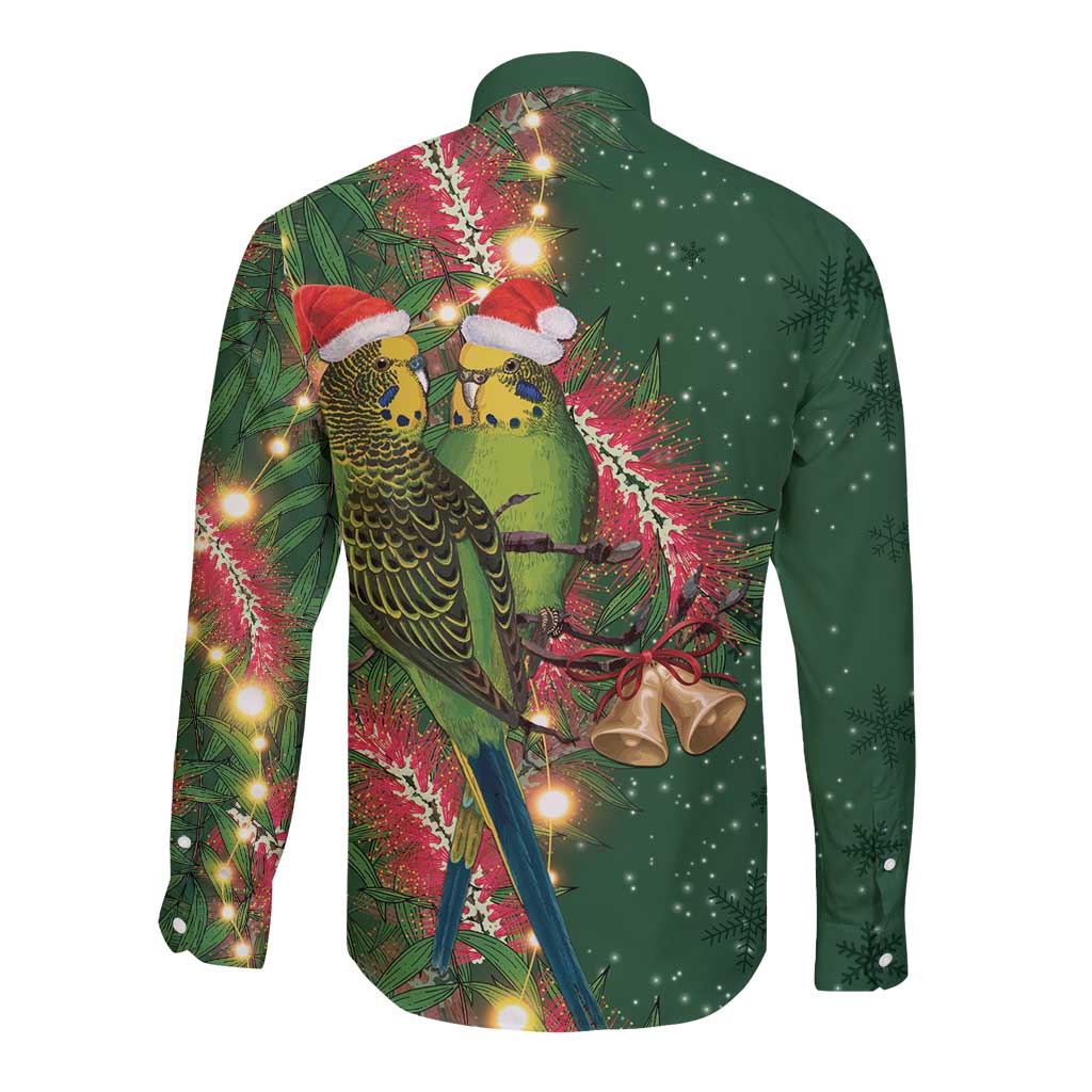 Green Budgerigars on Callistemon Long Sleeve Button Shirt Merry Christmas Aussie - Aussie Hoodie