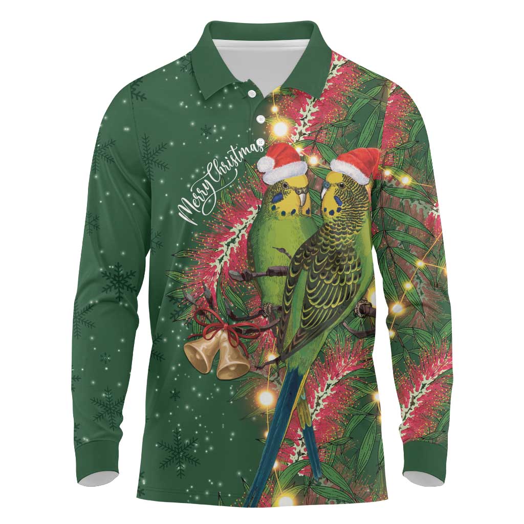 Green Budgerigars on Callistemon Long Sleeve Polo Shirt Merry Christmas Aussie - Aussie Hoodie