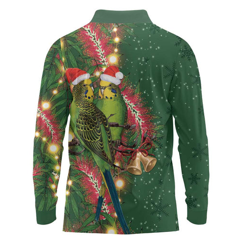 Green Budgerigars on Callistemon Long Sleeve Polo Shirt Merry Christmas Aussie - Aussie Hoodie