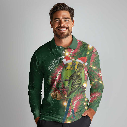 Green Budgerigars on Callistemon Long Sleeve Polo Shirt Merry Christmas Aussie - Aussie Hoodie