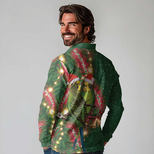 Green Budgerigars on Callistemon Long Sleeve Polo Shirt Merry Christmas Aussie - Aussie Hoodie