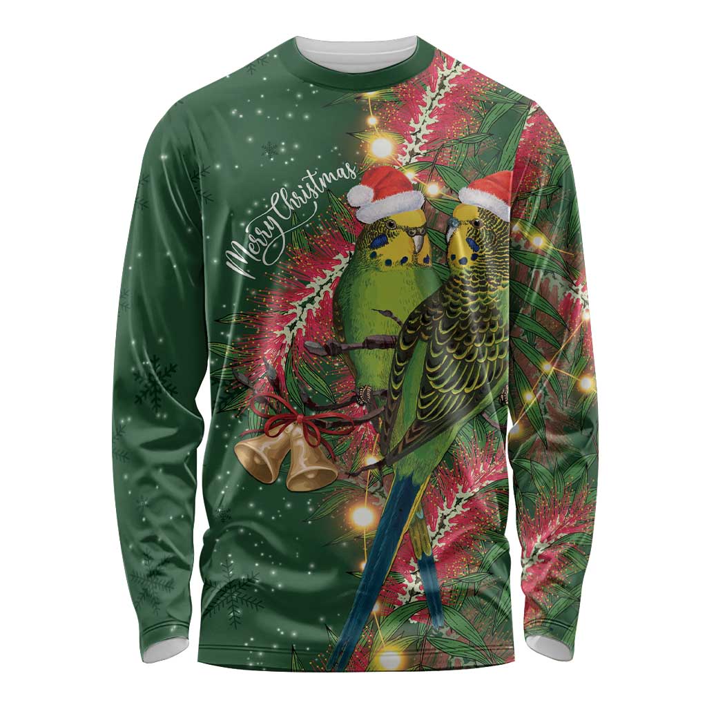Green Budgerigars on Callistemon Long Sleeve Shirt Merry Christmas Aussie - Aussie Hoodie