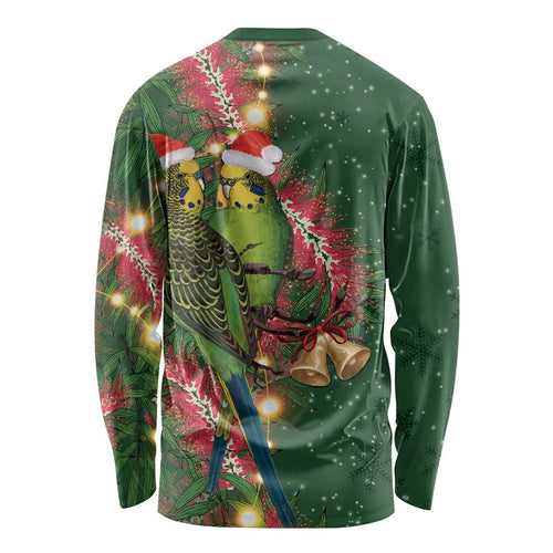 Green Budgerigars on Callistemon Long Sleeve Shirt Merry Christmas Aussie - Aussie Hoodie