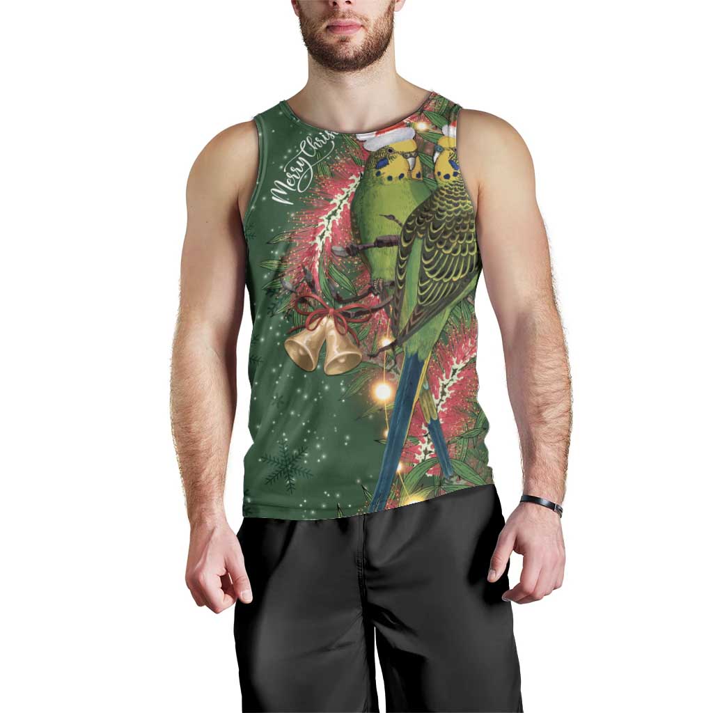 Green Budgerigars on Callistemon Men Tank Top Merry Christmas Aussie - Aussie Hoodie