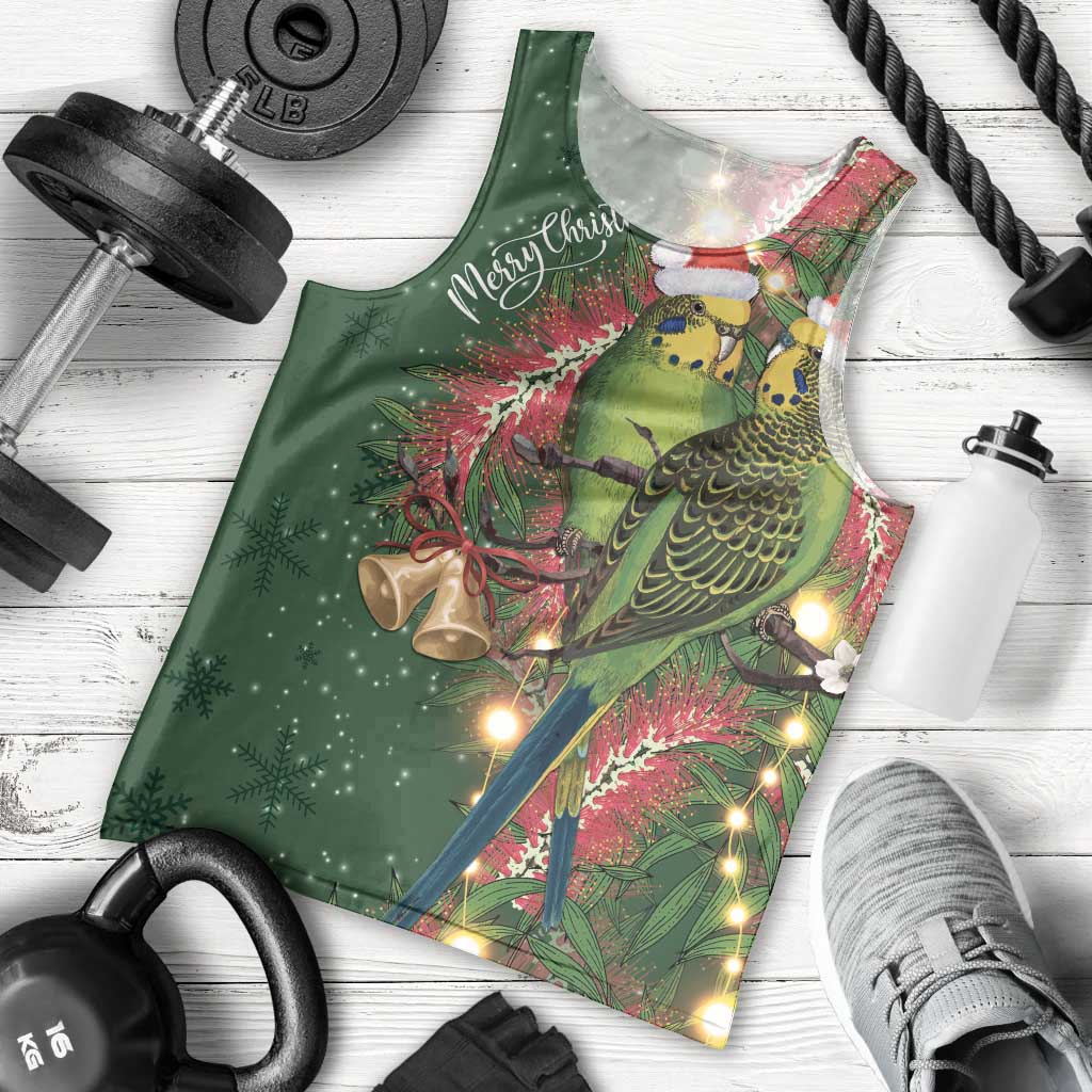 Green Budgerigars on Callistemon Men Tank Top Merry Christmas Aussie - Aussie Hoodie