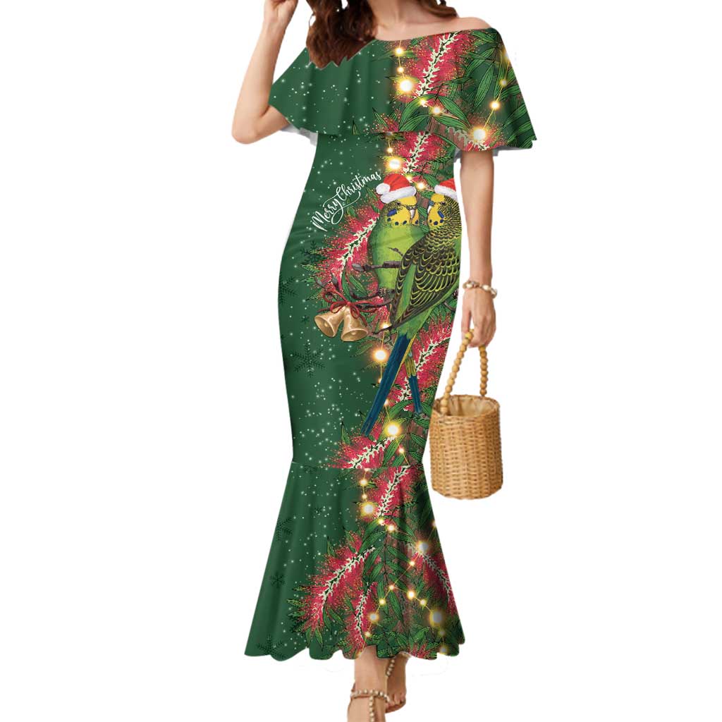 Green Budgerigars on Callistemon Mermaid Dress Merry Christmas Aussie - Aussie Hoodie