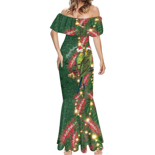 Green Budgerigars on Callistemon Mermaid Dress Merry Christmas Aussie - Aussie Hoodie