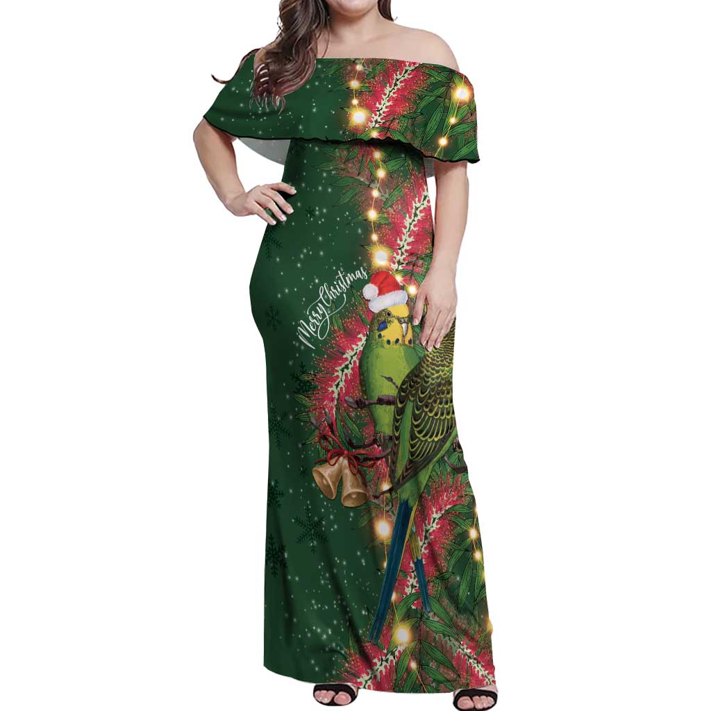 Green Budgerigars on Callistemon Off Shoulder Maxi Dress Merry Christmas Aussie - Aussie Hoodie