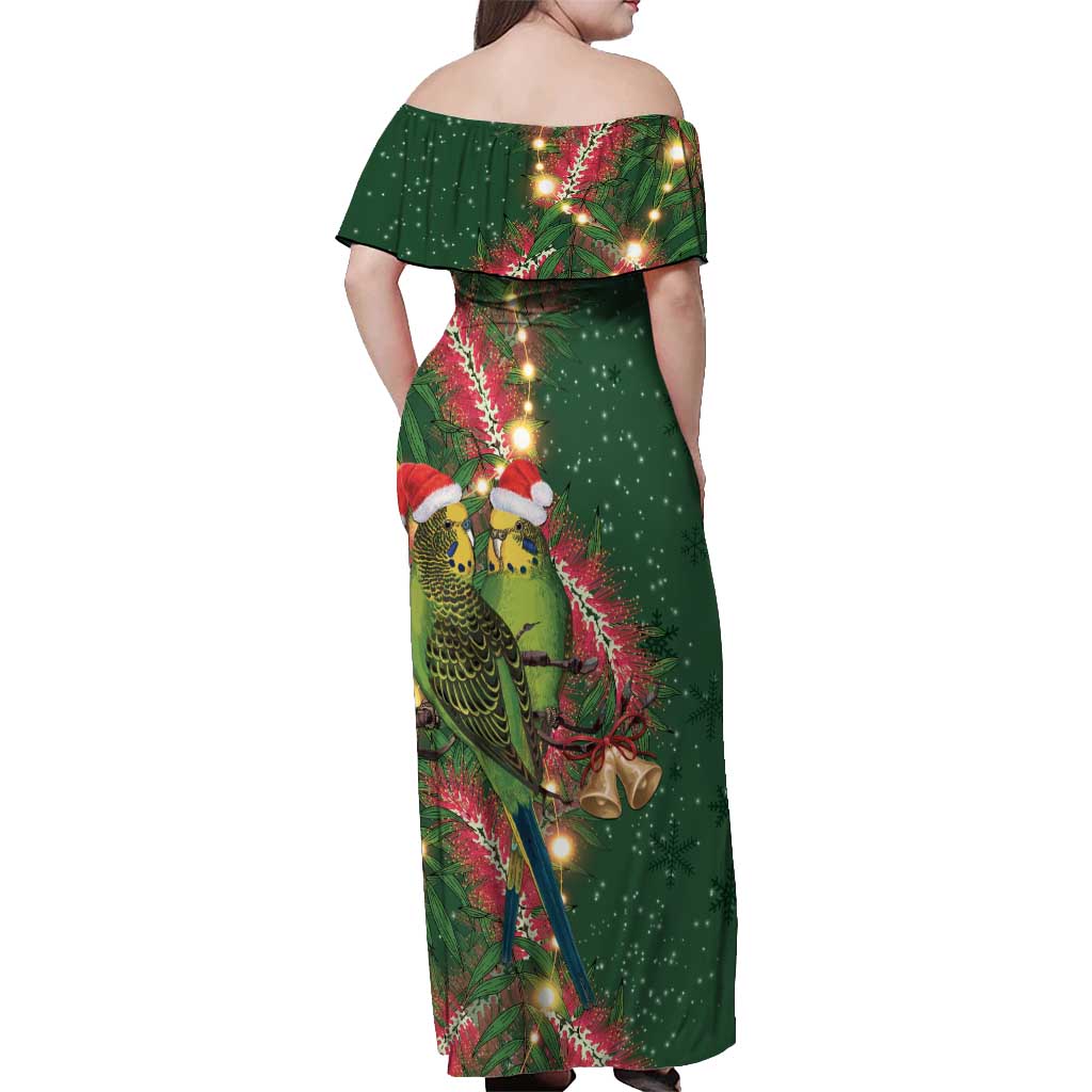 Green Budgerigars on Callistemon Off Shoulder Maxi Dress Merry Christmas Aussie - Aussie Hoodie