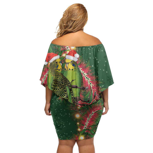 Green Budgerigars on Callistemon Off Shoulder Short Dress Merry Christmas Aussie - Aussie Hoodie