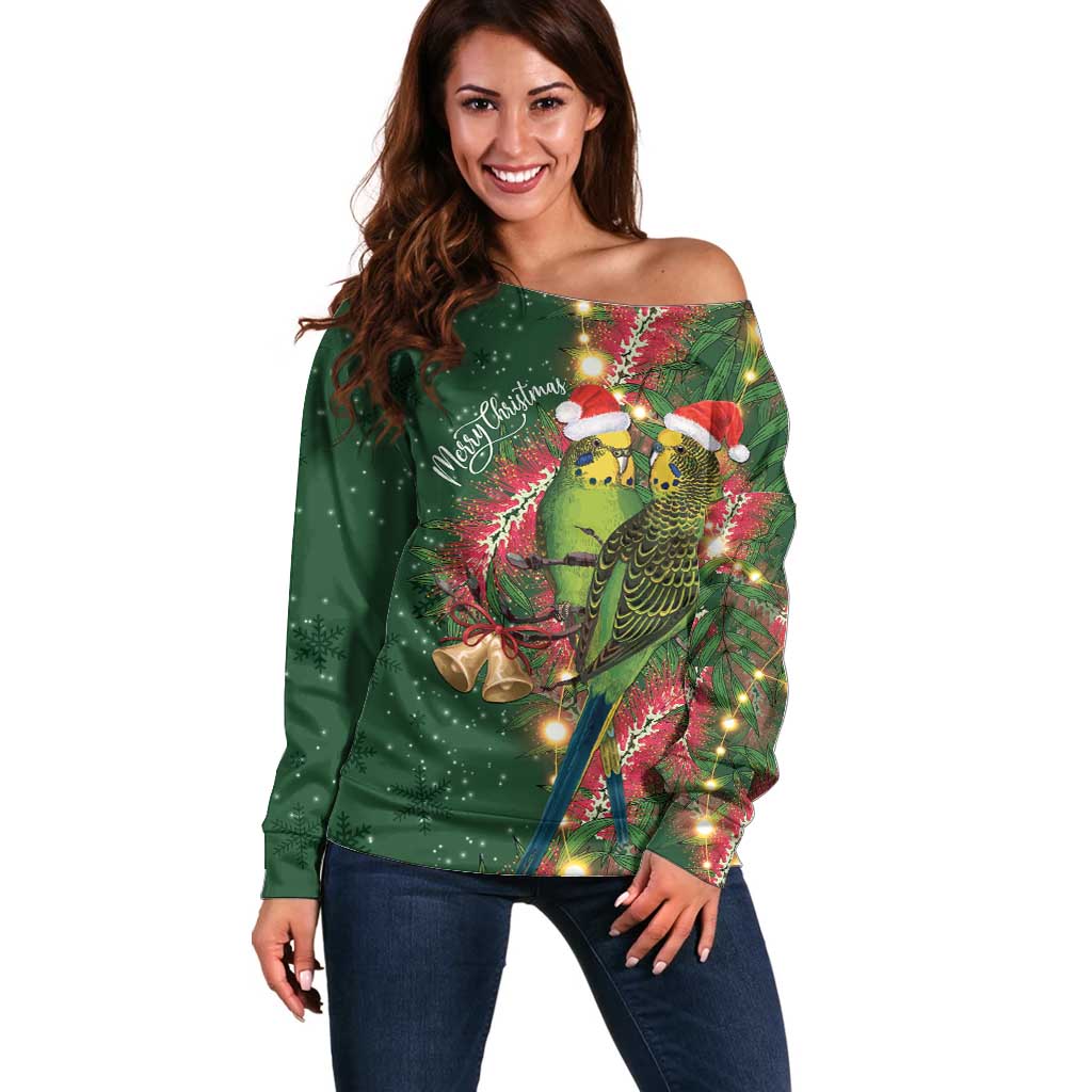 Green Budgerigars on Callistemon Off Shoulder Sweater Merry Christmas Aussie - Aussie Hoodie